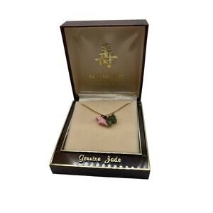 Genuine Jade From The Orient Gold Filled 18" Pink Green Elephant Necklace Box